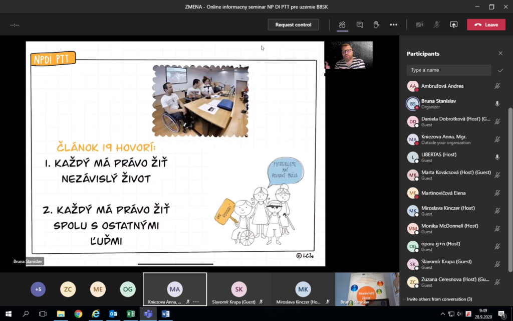 Snímka obrazovky - video prezentácia PhDr. Miroslava Cangár, PhD. - experta projektu NP DI PTT pre deinštitucionalizáciu počas online informačného seminára pre Banskobystrický kraj.